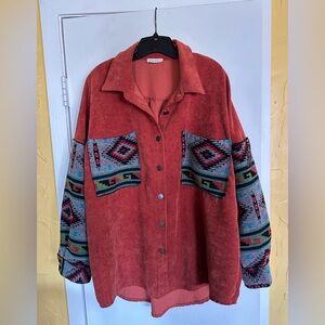 Rust Aztec-Pattern Corduroy Button-Up Shirt Jacket size L